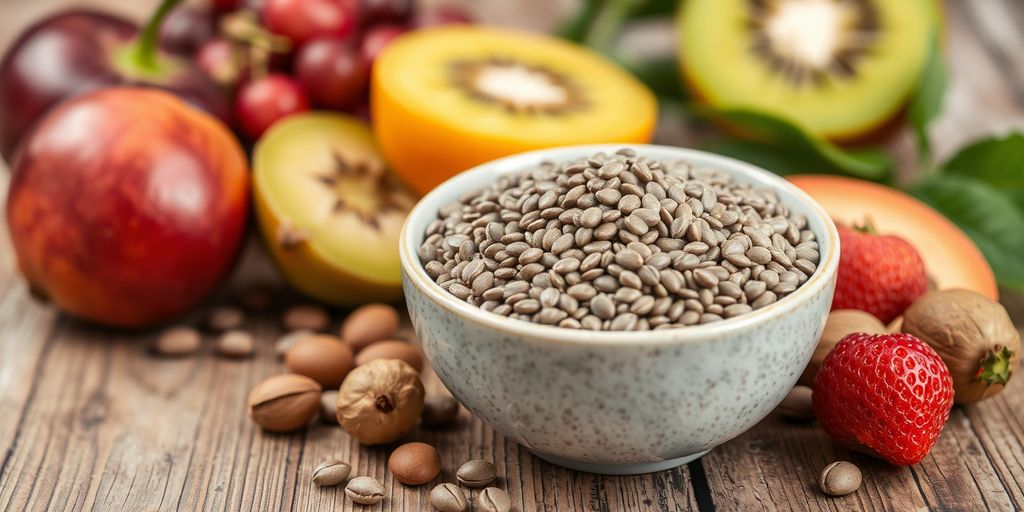 Bowl of chia seeds with fruits and nuts