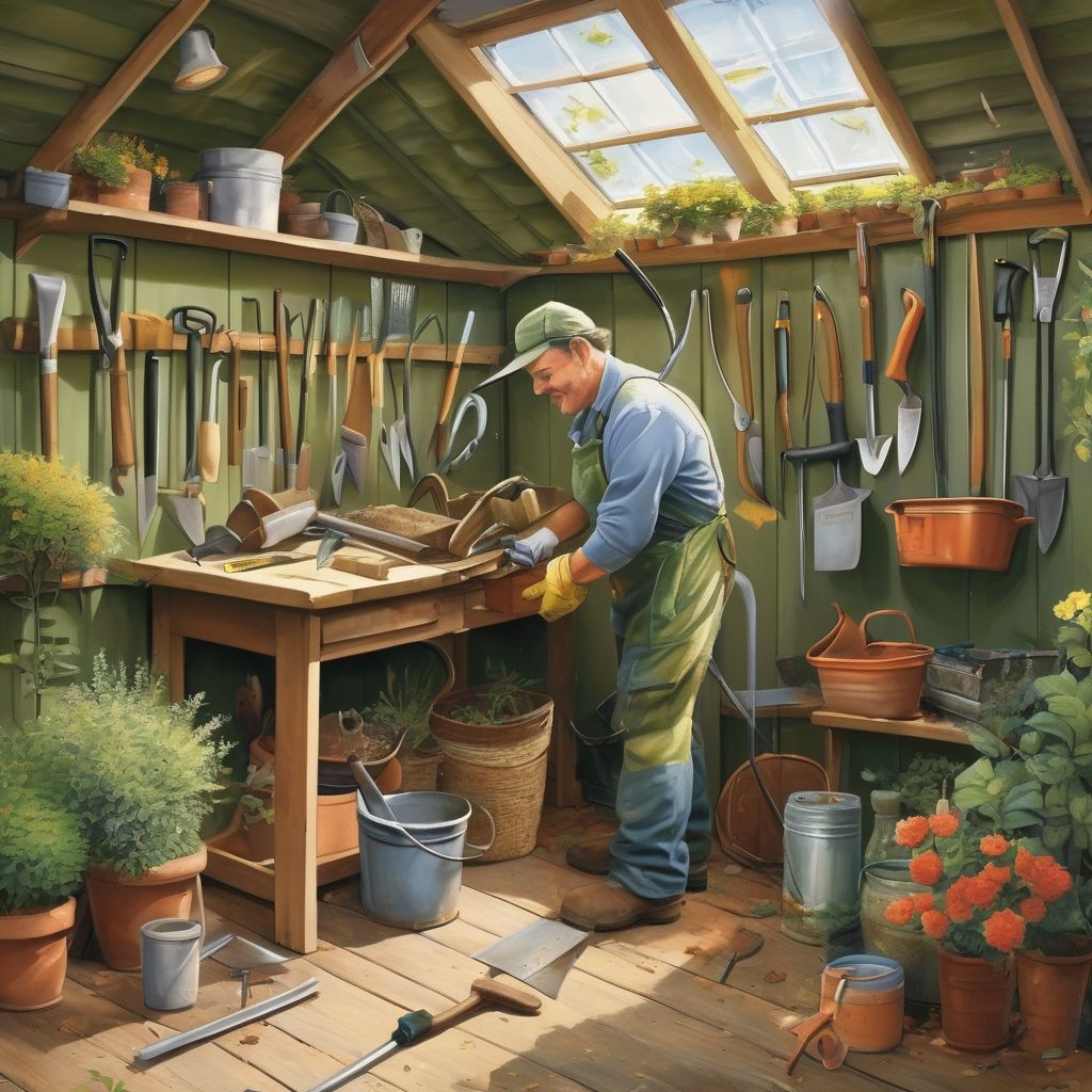 gardener cleaning and sharpening tools in a garden shed