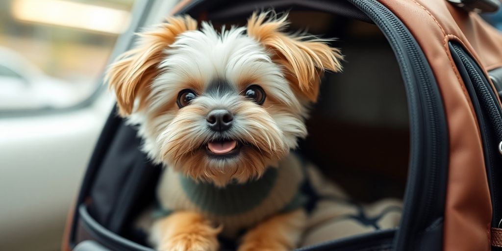 Stylish dog in carrier, happy, ready for travel.