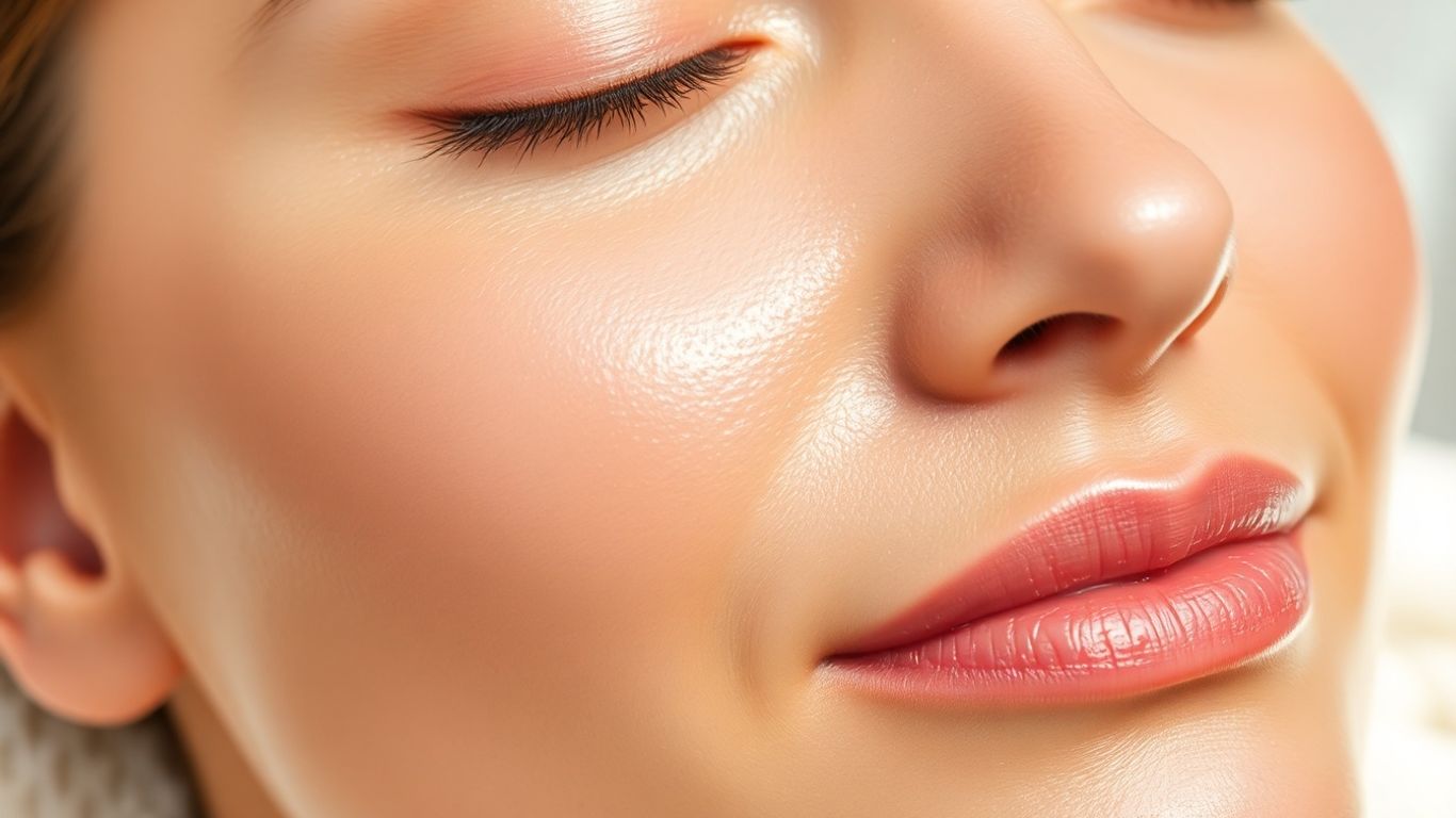 Woman with glowing skin wearing a hydrating face mask.