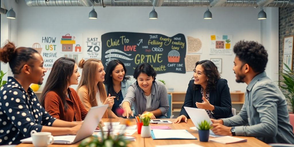 Grupo diverso de empreendedores colaborando em ambiente moderno.