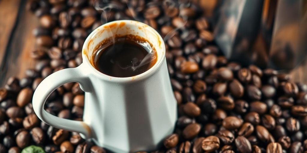 Close-up of moka cup with specialty coffee beans.