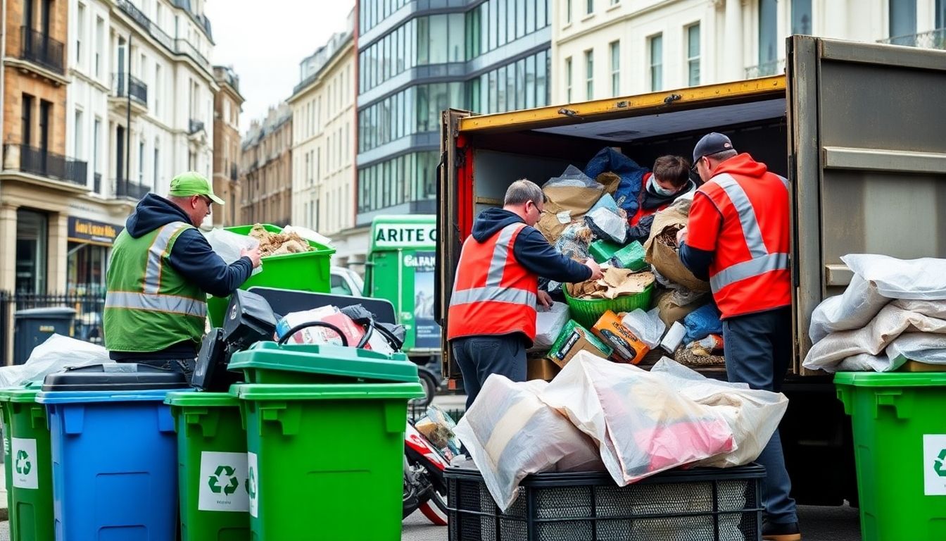 Waste clearance team sorting materials in London.