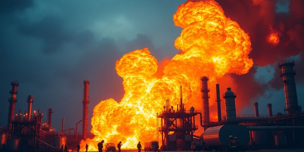 A picture depicting a refinery snap with active flame and rescue teams during response.