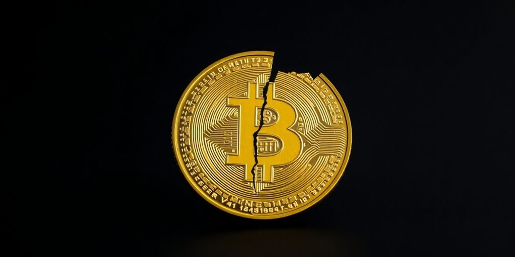 Fractured digital currency coin on a dark background.