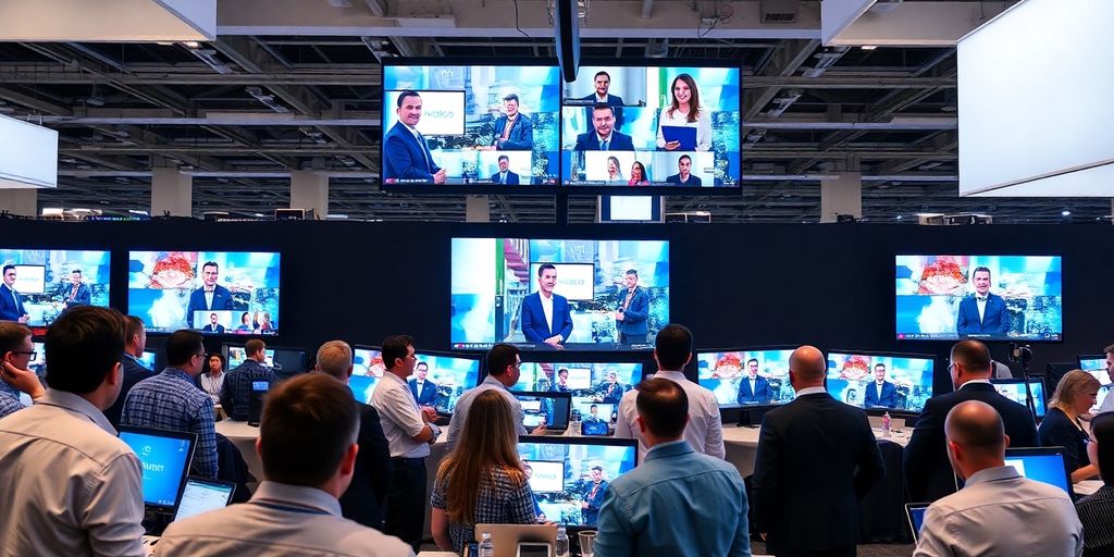Group of professionals engaging in a virtual event setup with multiple screens displaying video conferencing participants, illustrating integration of video tools for virtual trade shows.
