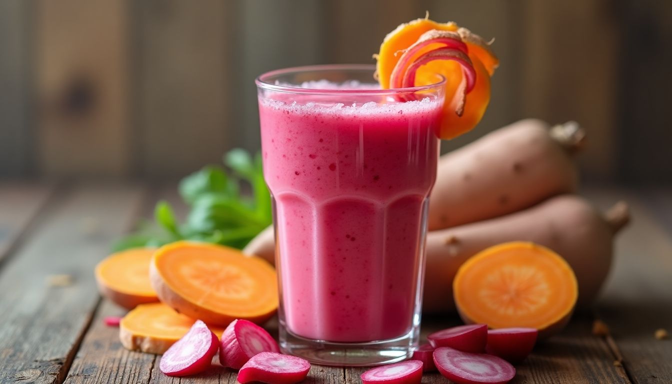 Radish and sweet potato juice in a glass.