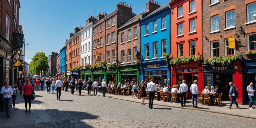 Dublin street with colorful buildings and outdoor cafes