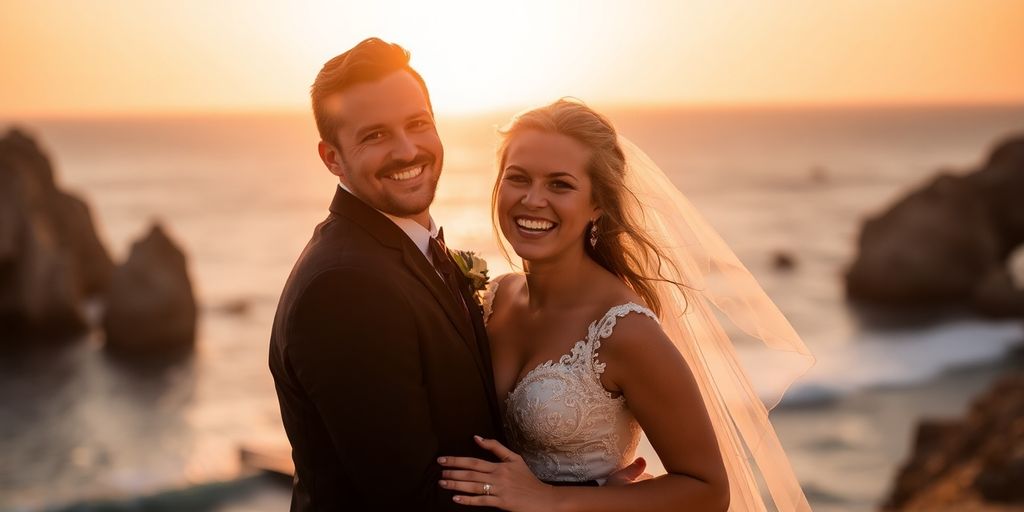 Happy couple embracing at a Cabo beach wedding.