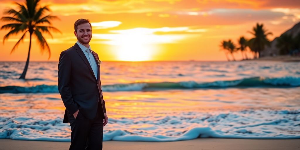 Happy couple on Cabo beach at sunset.