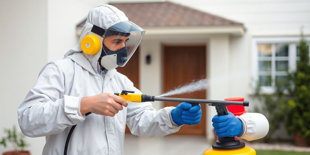 Tehnician de dezinsecție în acțiune, protecție completă.