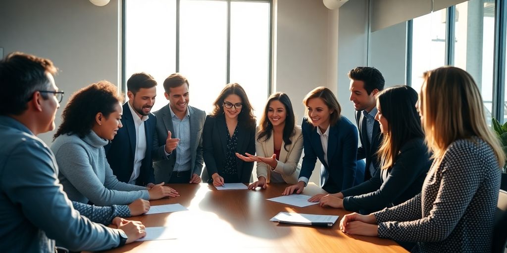 Diverse business team collaborating, high-fiving.