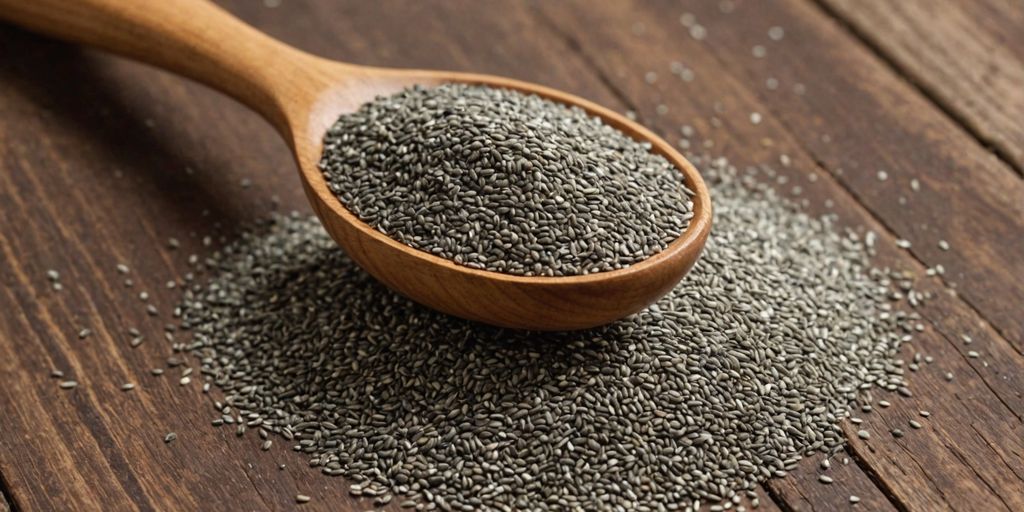 Wooden spoon with chia seeds on table