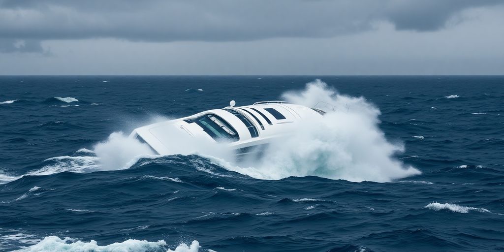 Capsized yacht with rough waves