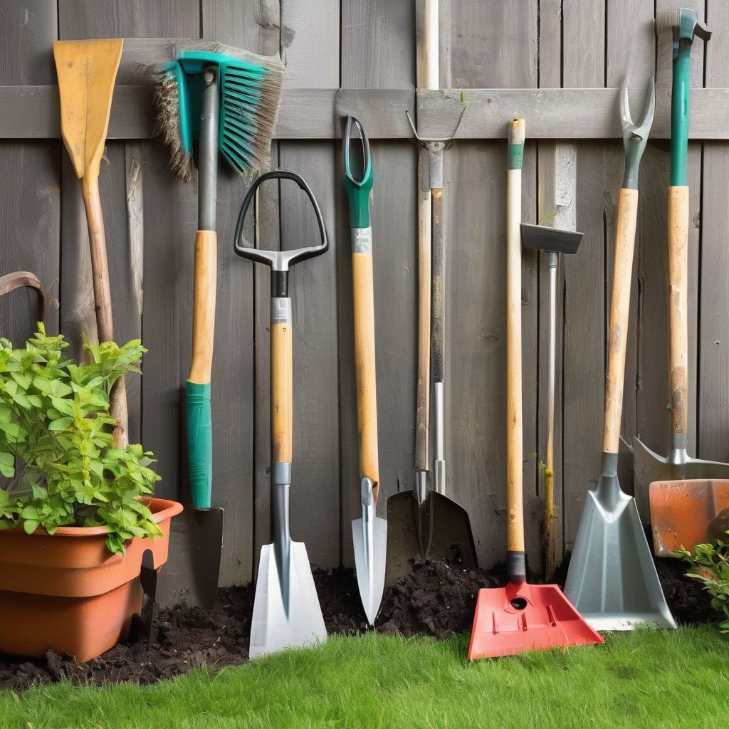 cleaning and sharpening garden tools in a backyard