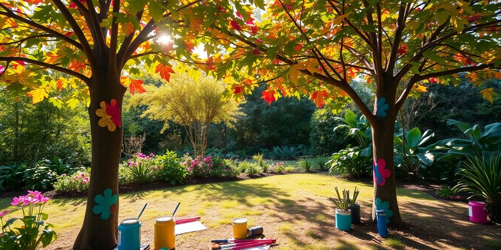 Colorful painted trees in a bright garden setting.