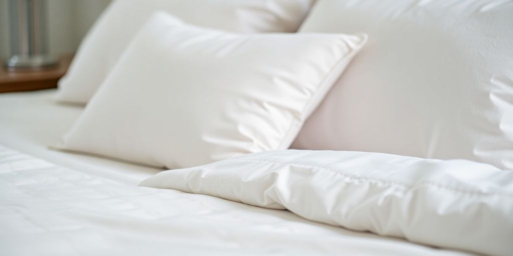 Neatly made bed with pillows and comforter.