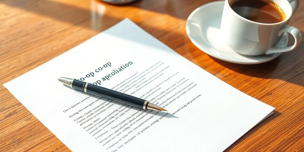 Polished resume, pen, and coffee on a clean, wooden desk.