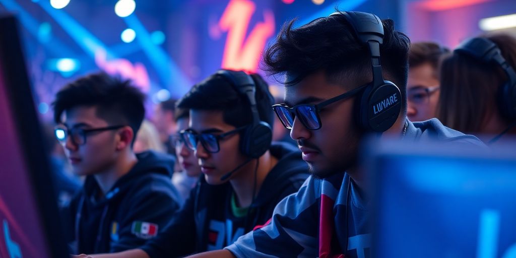 Players compete on a vibrant esports stage.