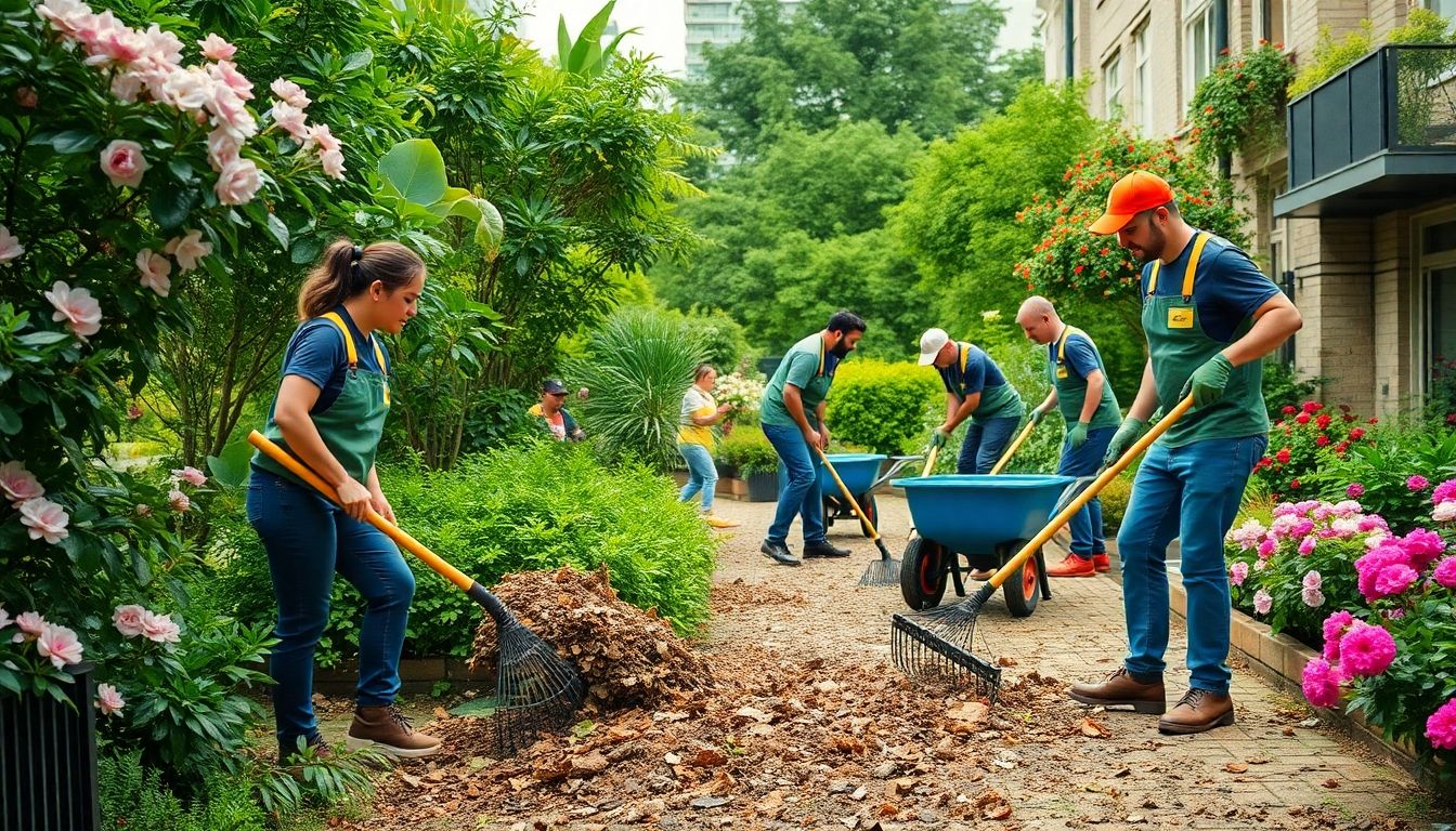 Garden clearance team working in a lush urban garden.