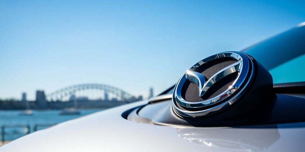 Mazda emblem on a vehicle with Sydney skyline.