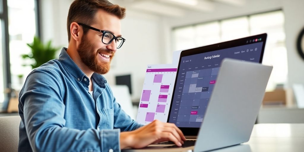 Business owner using WooCommerce Booking Calendar on laptop.