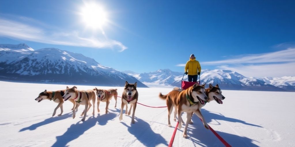 A team of husky dogs pulls a sled on a glacier.