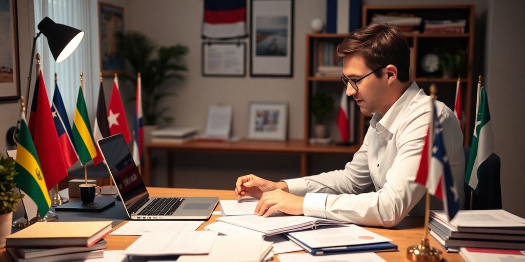 Translator at a desk with documents and flags.