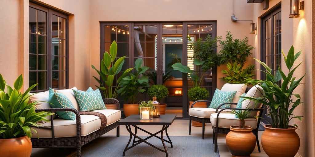 Cozy patio with Home Depot furniture, lush plants.