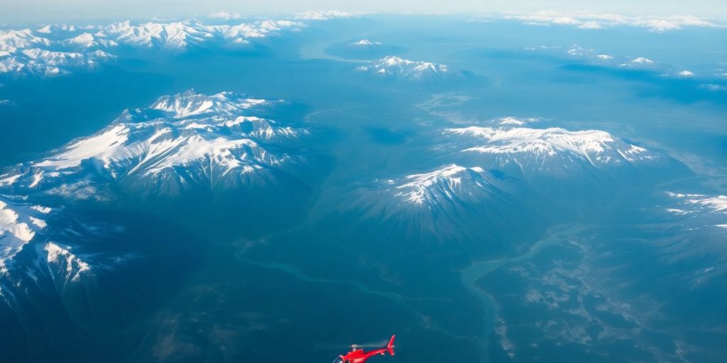 A helicopter soars over vast, snow-capped Alaskan mountain ranges.