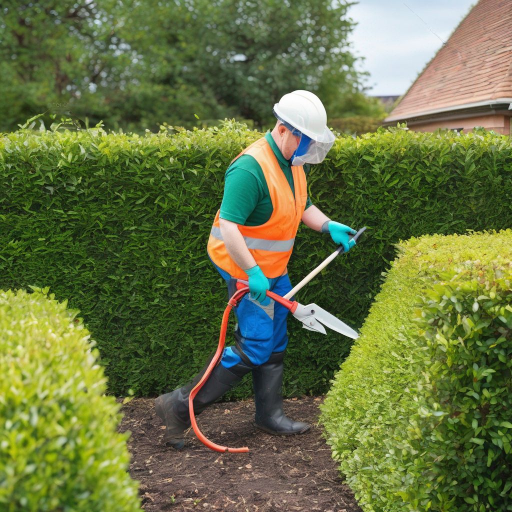 person trimming hedge with safety gear in a garden