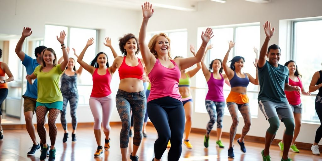 Energetic people dancing Zumba in a bright studio.