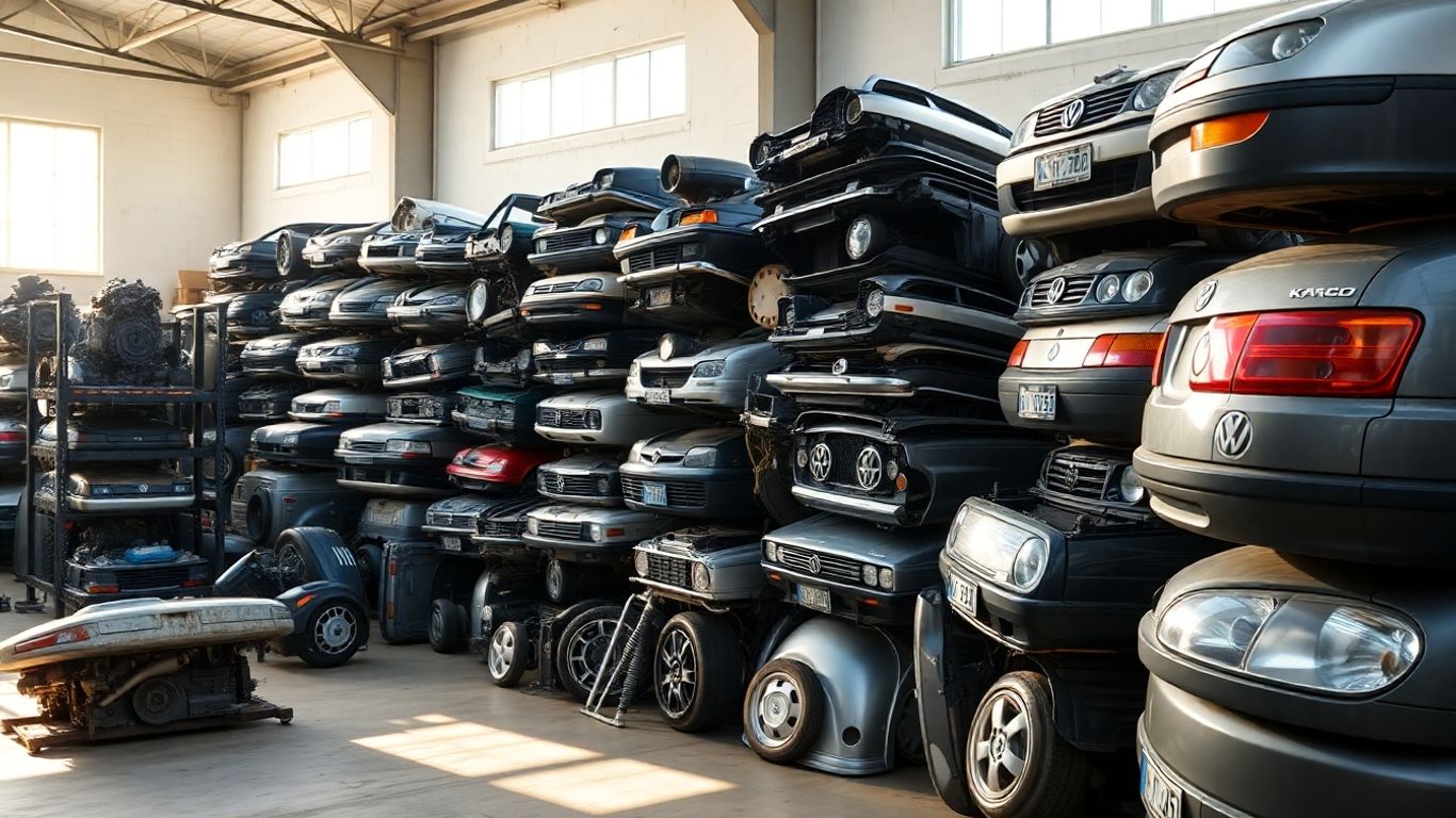 Volkswagen car parts stacked neatly in a workshop.