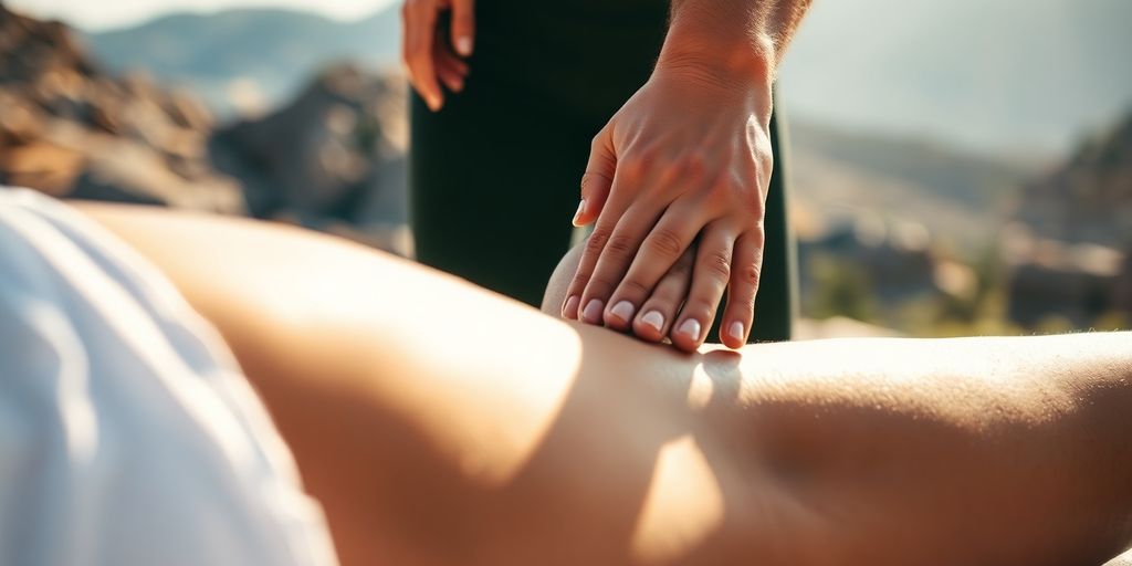 Massage on legs, mountain hiking, summer adventure.