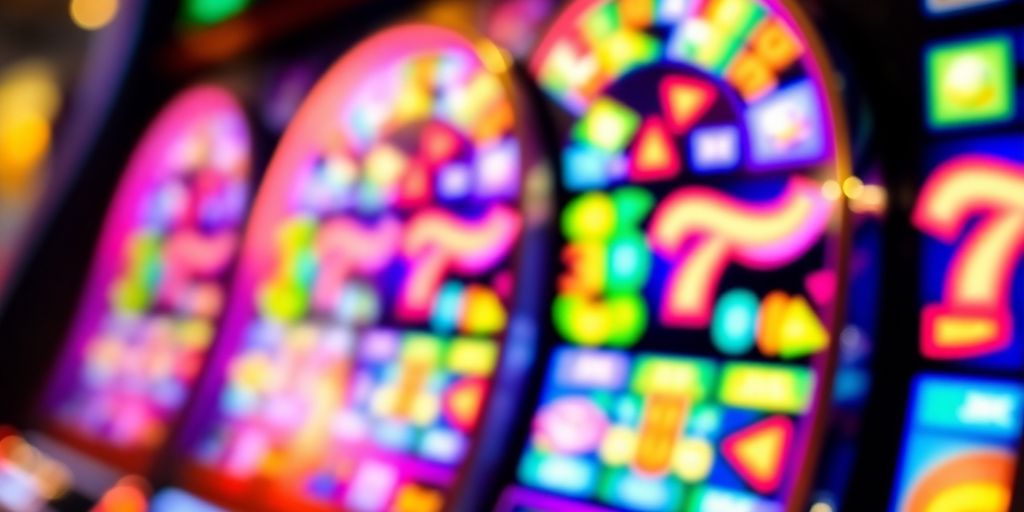 Spinning slot machine reels with bright lights.