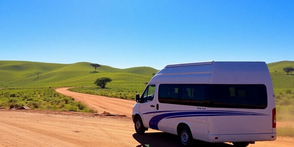 White shuttle van driving on a dusty Tanzanian road.