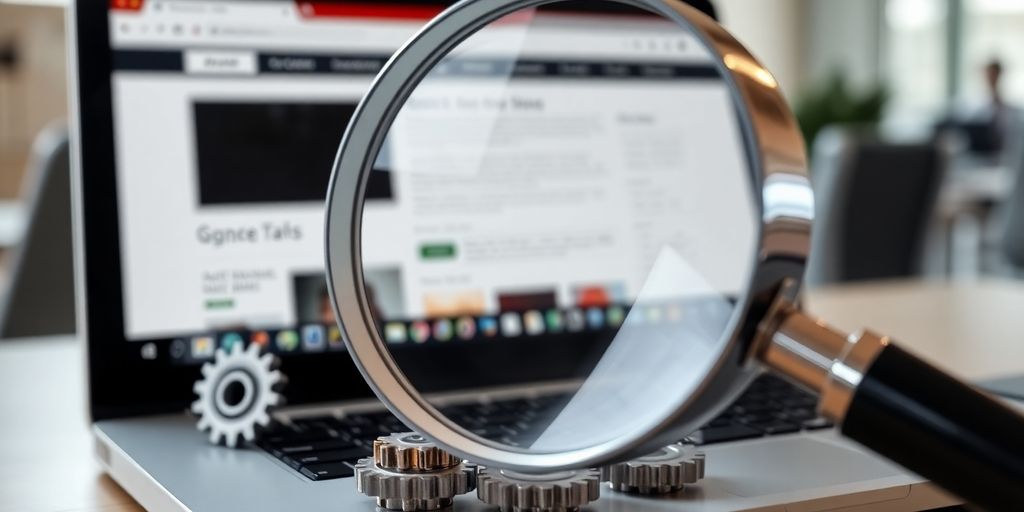 Laptop, magnifying glass, gears, website optimization.