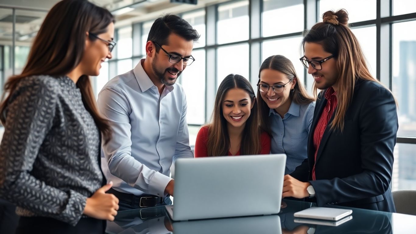 Business team collaborating in modern tech office setting.