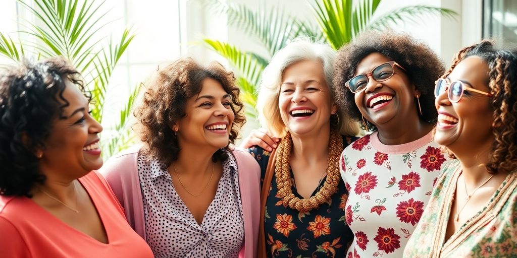 Mulheres sorrindo, juntas, retratando bem-estar na menopausa.