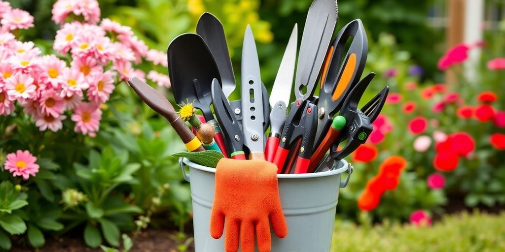 Colorful bucket with gardening tools in a garden setting.