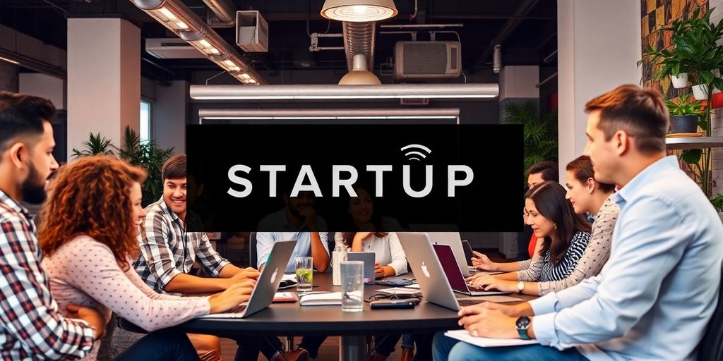 Diverse entrepreneurs collaborating in a modern startup workspace.