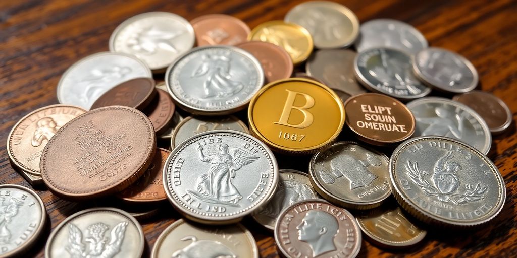 Close-up of diverse coins on wooden table.
