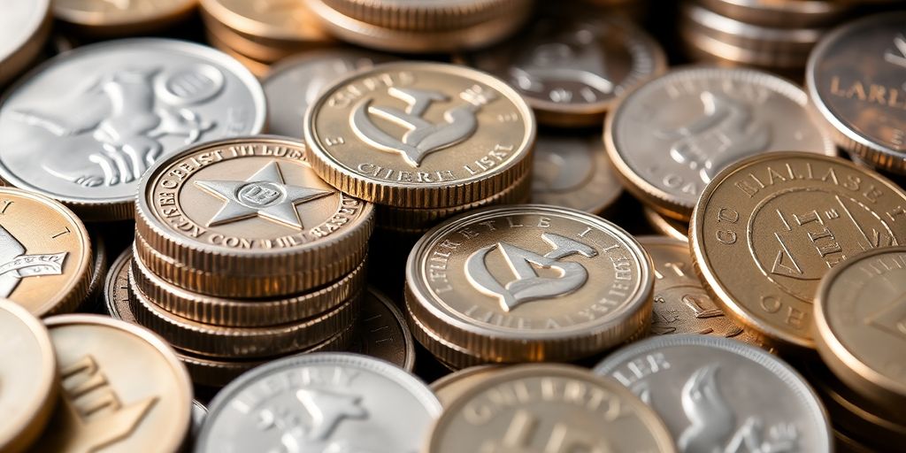 Collection of valuable coins on a textured surface.