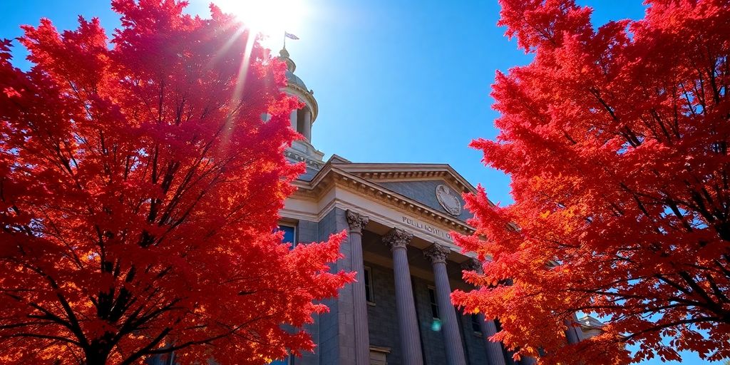 Polk County Courthouse exterior with vibrant autumn trees.