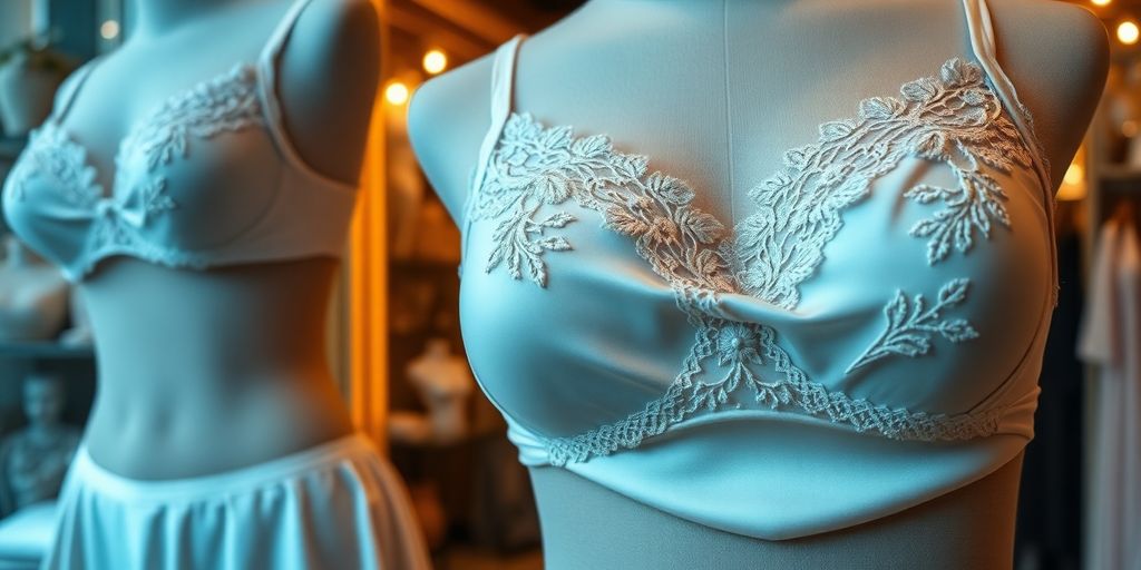 Elegant lingerie on mannequins inside a boutique.