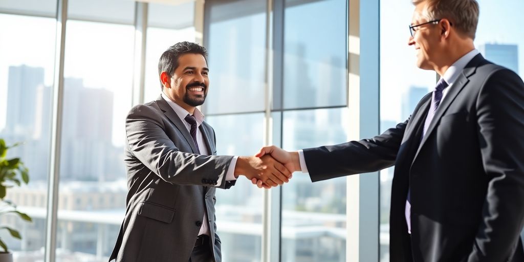 Business owner shaking hands with a broker.