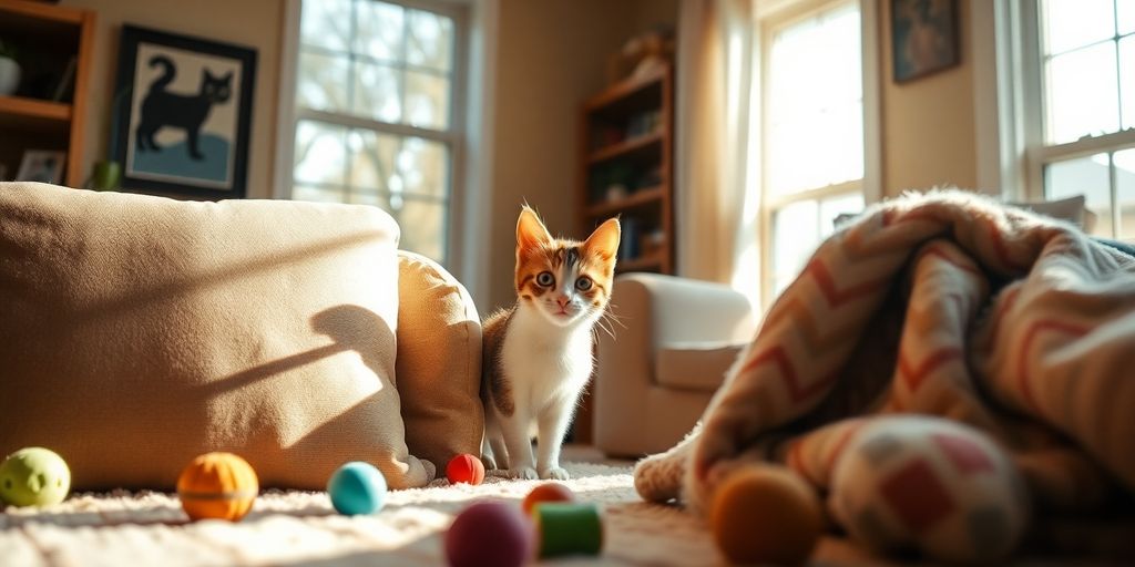 Curious cat peeking from behind a cushion.