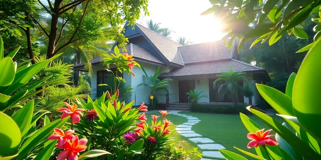 Beautiful Thai property with lush greenery and tropical flowers.