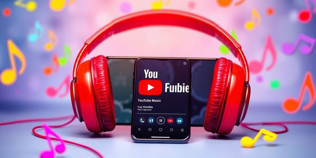 Headphones and smartphone with YouTube Music app design.