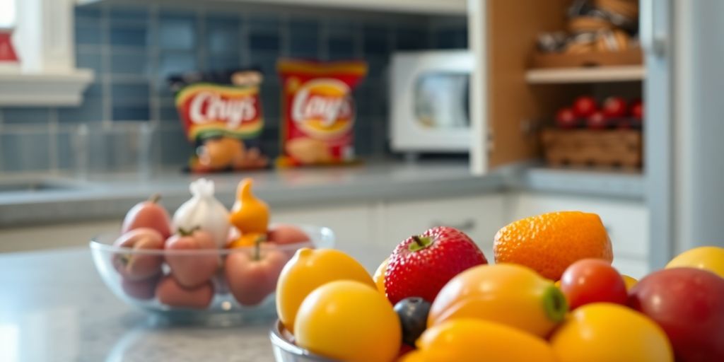 Healthy snacks on counter, unhealthy snacks hidden away.